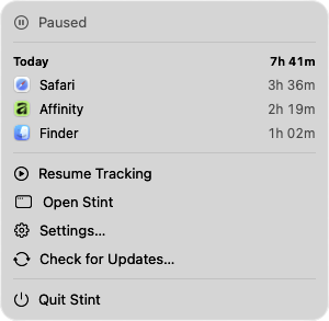 Stint's menu bar panel, paused, with today's total of 7 hours 41 minutes and the top three apps.