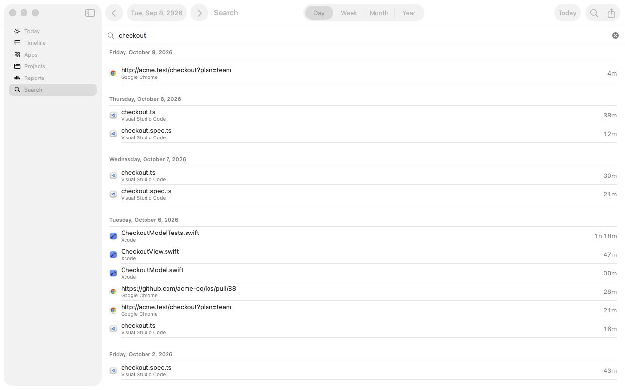 Searching for “checkout” lists the matching files and pages, day by day, with the time spent on each.
