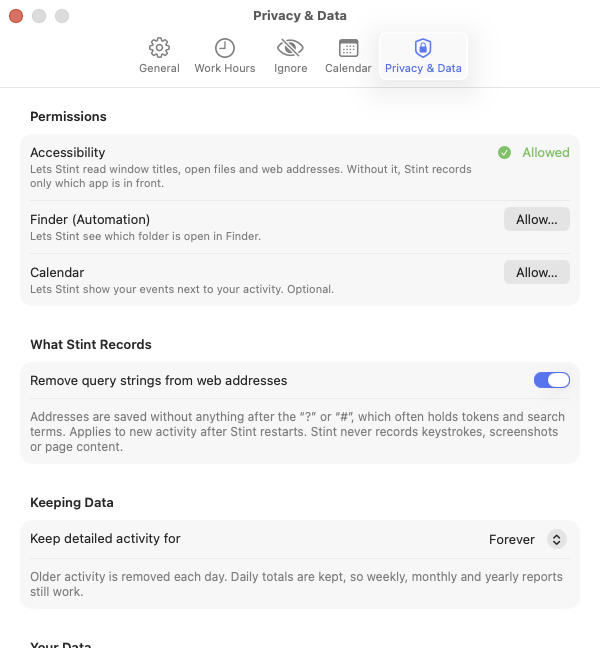 Privacy & Data settings: permissions, query strings, and how long to keep activity.