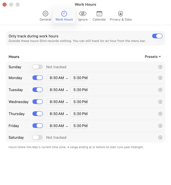 Work Hours settings: weekdays from 8:30 AM to 5:30 PM.